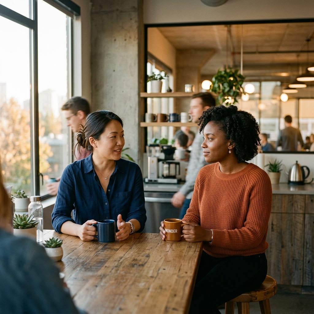 Two colleagues talking quietly in an office kitchen